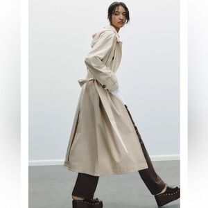 NWT Zara Cream Beige Long Trench Coat - Double Breasted, Scarf Detail Sz S